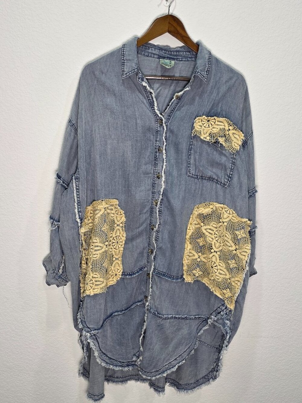 Jaded Gypsy Chambray Denim Button Down Shirt Distressed Lace Accents OS